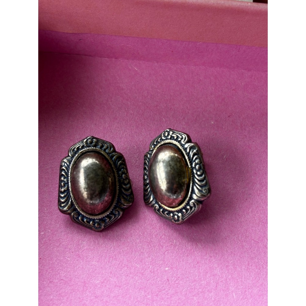 Vintage Clip On Earrings Silver Tone Ornate Victorian Style Scrollwork